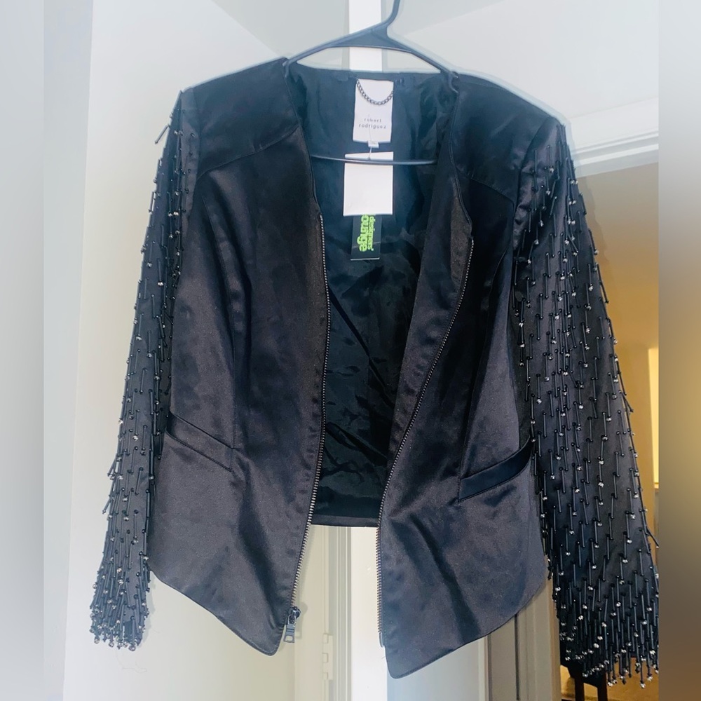 NWT Stylish Black Jacket with Beaded Sleeves for Sale!